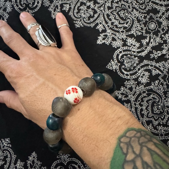 JUNGLE HIPPIE BRACELET - handmade sea glass, wood, ceramic - one of a kind - Picture 2 of 6